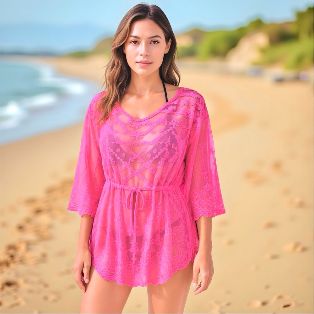 Vince Camuto Hot Pink Boho Embroidered Swim Coverup Vacation Beach Pool - Picture 11 of 15